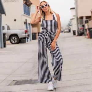 ROLLA'S Sailor Stripe Wide Leg Jumpsuit Overalls Patch Pocket Blue White Sz 12 L